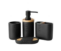 zhanwang - Set con dispenser per sapone in bambù e altri accessori in legno e bambù: portasapone decorativo, bicchiere per lavare i denti e porta spazzolino (nero)