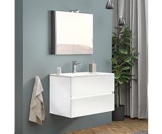Mobile bagno sospeso moderno, 2 cassettoni capienti, INCLUDE lavabo in ceramica specchio e lampada (Larghezza 80 cm, Bianco Lucido)