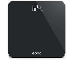 Amazon Brand - Eono Bilancia Pesapersone Digitale, Con Sensori Ad Alta Precisione e Vetro Temperato, Ultrasottile, Per il Bagno, Peso in stone/kg/libbre - Garanzia 15 anni,Nero