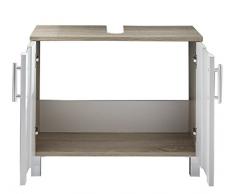 Trenteam Bagno Lavabo Armadietto sottolavabo Armadio Porto, 65 x 54 x 31 cm, cassettiera quercia chiara decorativa tagliata a sega, facciata bianca, vetro satinato, molto capiente e con scompartimento aperto