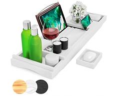 Pumpko® Vassoio per Vasca da Bagno Estendibile in Legno di Bambù con Portasapone, Portabevande, Leggio per Libri, Portasciugamani, Porta Smartphone e Porta Tablet - Mensola per Vasca da Bagno