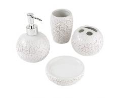 MONTEMAGGI Set da Bagno 4 Pezzi in Ceramica Bassorilievo Bianco. Include Dispenser, portaspazzolino, Bicchiere e portasapone