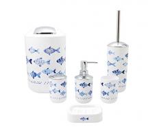 BM 4026 Set di Accessori da Bagno Bianco Blu Decorato Motivo Pesciolini, Accessori Bagno Completo 6 Pezzi, Dispenser, Portaspazzolino, Bicchiere, Portasaponetta, Portascopino, Pattumiera