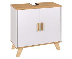 eSituro Armadietto Sottolavabo da Bagno da Cucina Mobile a Terra con 2 Ante in Legno Bianco Maniglie in Bambù Mobiletto Sotto il Lavello Ripiano Interno Regolabile SBP0026