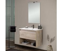Mobile bagno sospeso 80 cm, rovere alaska effetto legno, cassetto e vano a giorno, completo di lavabo e specchio, serie Oasi (Mobile)