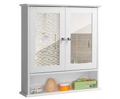 BAKAJI Mobiletto Specchiera Bagno Armadietto a Muro 3 Ripiani in Legno MDF Doppia Anta a Specchio con Apertura Centrale Dimensione 56 x 13 x 58 cm (Bianco Specchio)