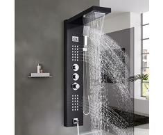 Colonna Doccia Nero con Miscelatore Termostatico 38℃,5 Funzioni Pannello Doccia Set,Colonna doccia con soffione e doccetta,Soffione Fisso,Bocca Vasca,304 Acciaio Inox hevenaov