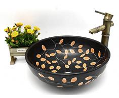Nero con Foglia Arancione Vintage Fantasia Floreale Bagno guardaroba Rotondo Ceramica Porcellana Contatore Top Kasbah Lavabo Lavandino Lavandino Ciotola Vessel