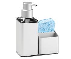 mDesign dispenser sapone ricaricabile – capacità 384 ml – dosatore sapone in alluminio inossidabile – erogatore sapone liquido in plastica dura – con pratico porta spugne – bianco/argento