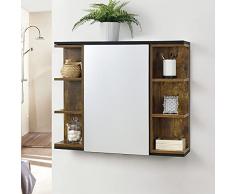 Armadietto Pensile a Bagno con Specchio 64 x 80 x 20 cm Mobiletto a Muro con 1 Anta e 3 Ripiani Laterali - Legno Scuro/Nero