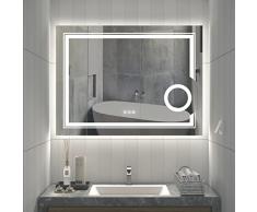 LUVODI Specchio da bagno con Led Luce: Rettangolare Specchio ingranditore 3X, Specchio retroilluminato bagno e Luce di superficie da Trucco, Anti appannamento, Pulsante Touch Funzione memoria 90x70cm