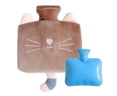 Lvjkes Boule acqua calda, Borsa acqua calda, Morbido peluche gatto ricamato design, rimovibile e lavabile con due inserti a mano, Adatto per i bambini, Bottiglia dacqua calda adulto (Marrone/1.2L)