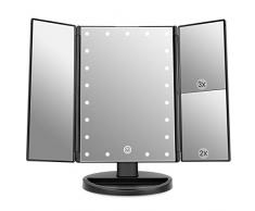 WEILY Specchio cosmetico per trucco con 21 luci a led, specchi cosmetici illuminati a LED a doppia alimentazione con ingrandimento triplo (Nero)