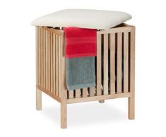 Relaxdays Pouf per Bagno Portabiancheria, Sgabello Contenitore, 40 L, Raccogli Biancheria, 51x41x41 cm, Naturale/Bianco, Noce, Tessuto, Pannelli MDF, 1 pz