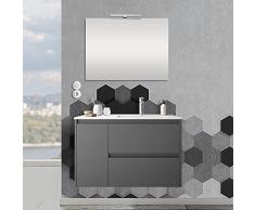 Mobile bagno sospeso 85 cm, cassetti e anta chiusura soft close, COMPLETO di ceramica e specchio (Grigio Grafite, Vasca Destra)