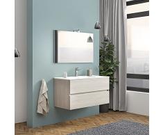 Mobile bagno sospeso moderno, 2 cassettoni capienti, INCLUDE lavabo in ceramica specchio e lampada (Larghezza 100 cm, Rovere Grigio)