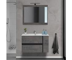 Mobile bagno sospeso 90/110 cm, cassetti e ante con chiusura rallentata, completo di specchio e lavabo in ceramioa (Effetto Pietra Oxid, Mobile 90 con lavabo e specchio)