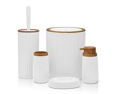 Set bagno accessori completo - 5 pezzi, in plastica liscia con dettagli effetto legno serie Blob, INCLUDE dispenser sapone, portasaponetta, portaspazzolino, portascopino e pattumiera