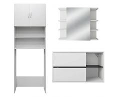 ML-Design Set di Mobili da Bagno 3 Pz Armadio per Lavatrice con Ante Armadietto Specchiera Mobiletto Sottolavabo Sospeso Arredo Stile Moderno con Molto Spazio di Archiviazione in Legno Bianco