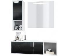 Vladon Set di mobili da bagno Mobile contenitore La Costa, struttura in bianco opaco/frontali in nero lucido con specchio LED