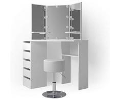 Vicco tavolo da toilette angolare Arielle - elegante tavolo cosmetico con specchio e cassetti per ragazze e signore, incluso sgabello e illuminazione - 110 x 54 cm, bianco