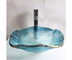Lavandino del Lavabo da Appoggio del Bagno Forma di Foglia di Loto Blu, Vaso di Vetro del Guardaroba Bordi Dorati Ciotola Lavandino del Lavabo Artigianale Fatto a Ma
