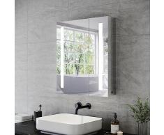 SONNI Armadietto a specchio da bagno con illuminazione, 60 cm di larghezza, in acciaio inox, a LED, a doppia porta, con presa e interruttore a levetta, design a cerniera, per bagno, IP44