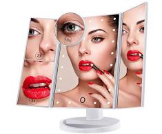 Specchio Per il Trucco Illuminato, Specchio Cosmetico per Vanità a 22 Luci a LED, Touch Screen Con Ingrandimento Triplo Ingrandimento 2X 3X 10X, Rotazione Libera di 180 °, Doppio Alimentatore Bianco