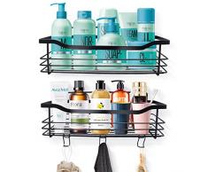 Mensola Doccia Senza Foratura Portaoggetti Doccia: 2pcs Set Organizer Bagno Parete Shampoo Accessori Doccia - Muro Shelf Shower in Acciaio inox con Adesivo & 4 Ganci per Spugne Rasoi Shampoo - Nero