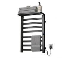 JMXD Radiatore Scaldasalviette Elettrico con Timer Asciuga Salviette 150W a Bassa Potenza Radiatore Portasciugamani Elettrico da Parete Alluminio Nero Scalda Asciugamani con Ripiano