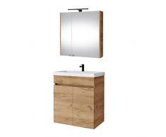 Planetmöbel Mobile sottolavabo 64 cm con lavabo in ceramica, armadietto a specchio con luce LED, moderno mobili da bagno in rovere dorato