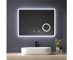 Heilmetz Specchio Bagno con Luce 90 x 70 cm, Specchio da Bagno con Interruttore Tattile + 3x Ingranditore + Antiappannamento + Orologio, Specchio Bagno LED