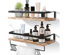 Uten Mensole da Muro Design Moderne, Set 2 Pezzi Mensole da Muro in Legno con Portasciugamani e Ganci, Mensole Sospesa da Parete Rustico per Cucina, Bagno, Salotto, Ufficio, 42 x 15 x 6,8 cm