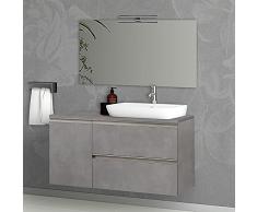 Mobile bagno sospeso 120 cm per lavabo da appoggio, serie Master 2 cassetti con anta, top e specchio INCLUSI (Grigio Cemento)