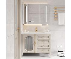 REALN Mobile Bagno con Lavabo in Ceramica, LED Illuminato Specchio Armadietto con Spazio di Archiviazione Nascosto, Lavabo da Bagno Moderno con Piedistallo in Legno (Color : Brown, Size : 70cm/28in)