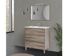 Mobile bagno a terra 80 cm, 3 cassetti serie Oasi, colore rovere con venatura naturale, COMPLETO di lavabo in ceramica e specchiera