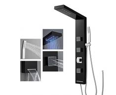 ROVOGO Pannello doccia a LED senza rubinetto, pannello doccia a pioggia con 3 ugelli massaggianti, doccetta e beccuccio per vasca, colonna doccia sottile in acciaio inox, nero