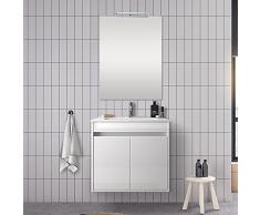 Mobile bagno sospeso 60 cm, serie Mavi 2 ante, arredo bagno moderno completo di lavabo e specchio (Bianco Lucido)