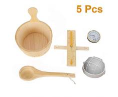 decaden 5PCS Secchiello da Sauna in Legno,Set Sauna, Accessori per Bagno Turco Sauna Barile + Cucchiaio + Clessidra + Termometro + Luce,Accessori per Sauna