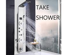 JunSheng Colonna Doccia Idromassaggio LED con 6 In 1 Funzioni Alta Qualità Acciaio Inox Pannello Doccia Set con Display LCD Della Temperatura Per Bagno,Massaggi,Doccetta e Vasca,Nichel Spazzolato