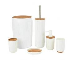 Set da Bagno in Legno Bamboo e Plastica 6pz con Portascopino Portasapone Pattumiera Colore Bianco e Bambù Naturale