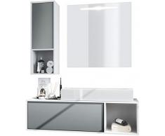 Vladon Set di mobili da bagno Mobile contenitore La Costa, struttura in bianco opaco/frontali in grafite satinato con lavabo da appoggio e specchio LED