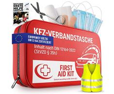 Set di pronto soccorso auto – kit di pronto soccorso auto 2023 certificato TÜV – kit di pronto soccorso incluso [gilet + e-book] – kit di medicazione auto 2023 [standard europeo] sicurezza per le