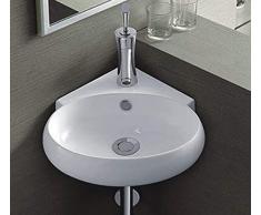 Omeere - Lavabo in ceramica ad angolo bianco, 39 x 37,5 cm, montaggio a parete, ovale, semicerchio