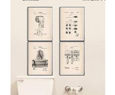 Non-branded artaslf Bagno Brevetto Poster e Stampe dEpoca Rotolo di Carta igienica Spazzolino da Denti Rasoio Vasca da Bagno Wall Art Canvas Pittura Bagno Decor- 40x50cmx4 Senza Cornice