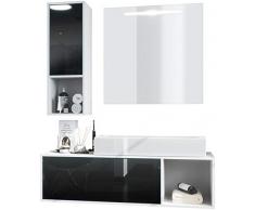 Vladon Set di mobili da bagno Mobile contenitore La Costa, struttura in bianco opaco/frontali in nero lucido con lavabo e specchio LED