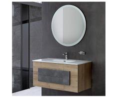 Mobile Bagno Sospeso Moderno Legno Rovere 100x47 Cm Completo di Specchio Tondo