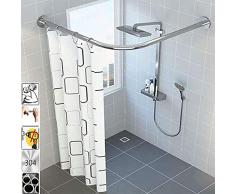 TTFFWW Regolabile Asta Tenda Doccia Angolare,Acciaio Inox Palo Telescopico Barra di Tensione,Bastone Tenda Doccia a Pressione Curvo,Senza Forare,per Bagno,Vasca da Bagno,Silver,70-95 * 70-95cm