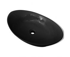 Festnight 59 x 38,5 cm Lavandino Ceramica Ovale Nero con Foro di Scarico