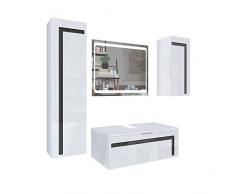 Vladon Set di mobili per il bagno Mobile contenitore Aloha V2, struttura in bianco opaco/frontali in bianco lucido con sfalsature in nero lucido, con specchio LED